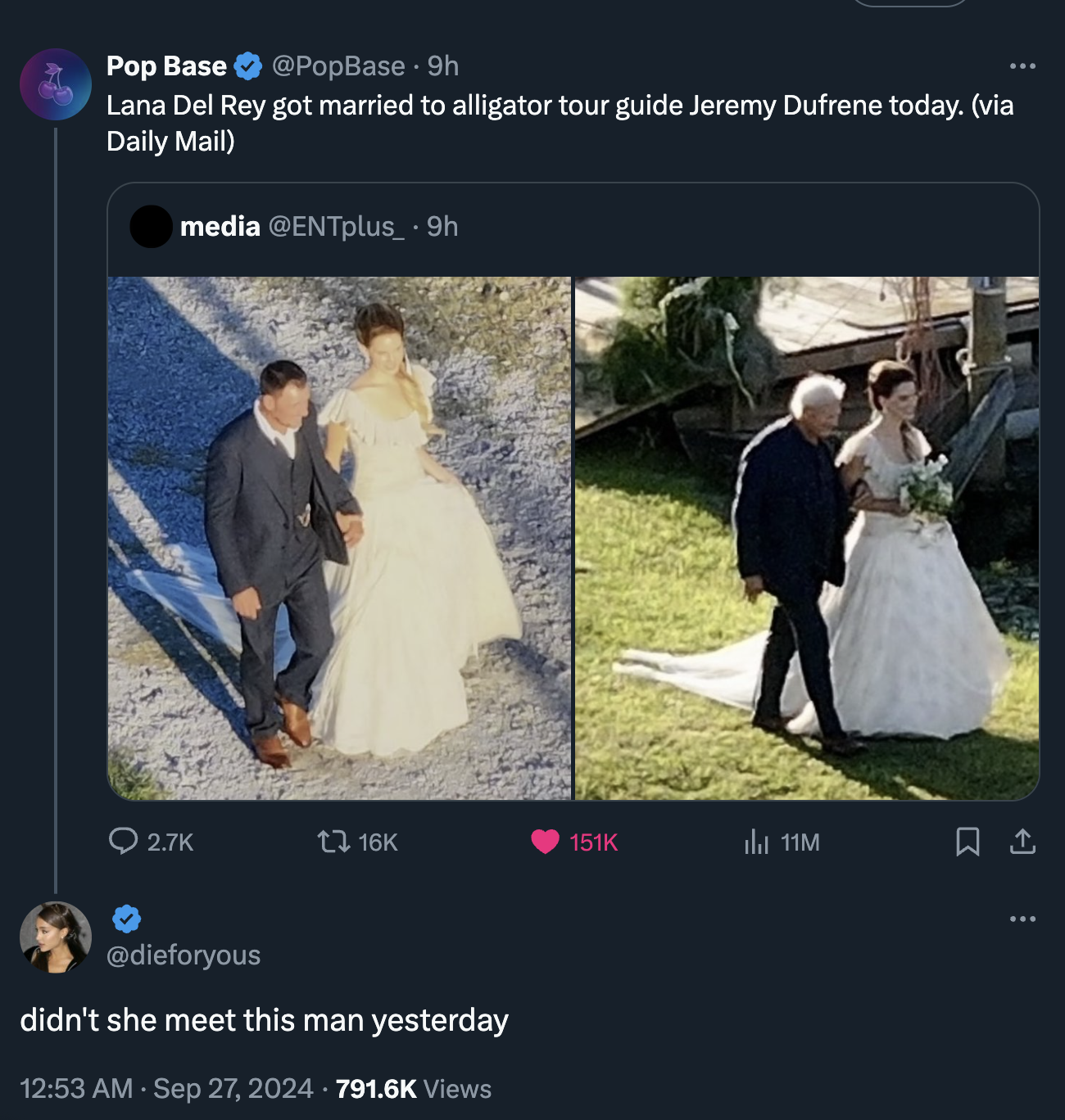 17 Tweets Reacting to Lana Del Rey's Wedding to Alligator Tour Guide Jeremy Dufrene